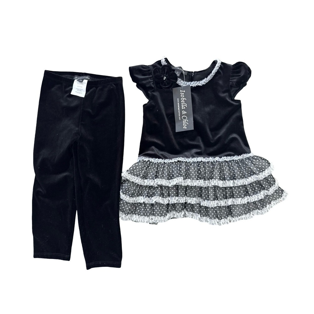 Isobella & Chloe girls sz 2t outfit party black velour tulle leggings new